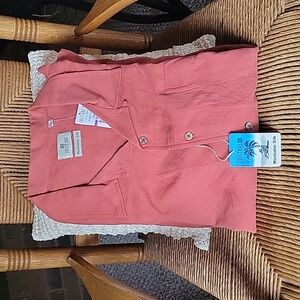 Solitude shady palms, washable silk, short sleeve button-down red coral, XXL